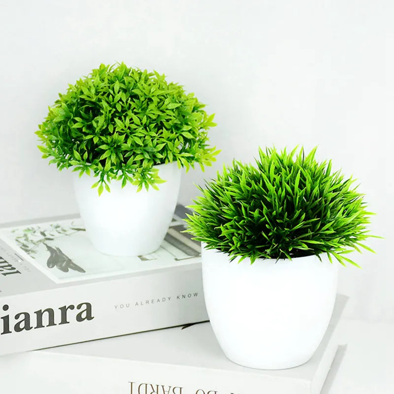 Green Bonsai Potted Small Artificial Tree and Grass Plants