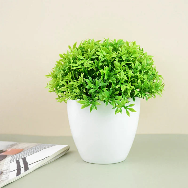 Green Bonsai Potted Small Artificial Tree and Grass Plants