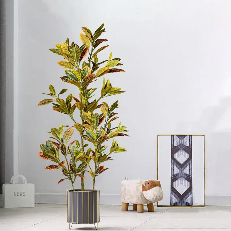 Large Artificial Ficus Tree with Tropical Rubber Plants and Plastic Codiaeum Leaves